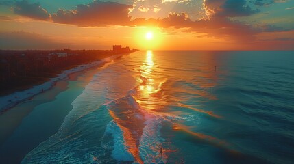 Wall Mural - Aerial View of Beach and Ocean During Sunset With Buildings in the Distance