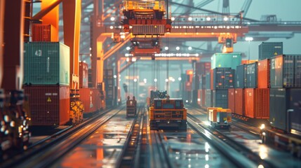 Fototapete - A digital illustration of container cargo being transported on a rail track at night, with cranes and other industrial equipment in the background.