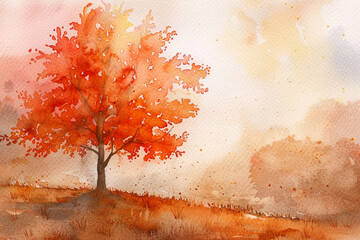 Wall Mural - A painting of a tree with orange leaves and a sky in the background