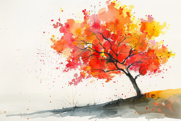 Wall Mural - A tree with red leaves is painted in watercolor