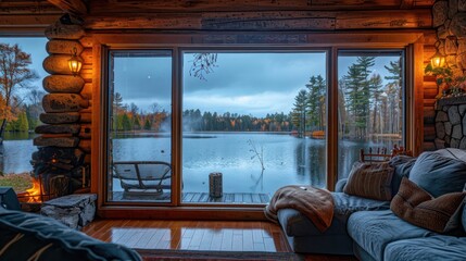 Wall Mural - lakeside cabin with energy-efficient windows providing clear views of the tranquil water, ensuring g