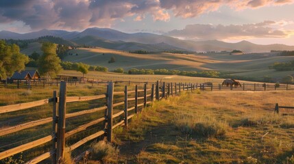 Wall Mural - Sunset Over Rolling Hills with a Wooden Fence