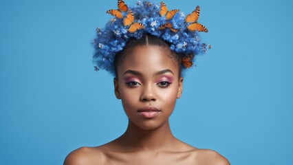 A woman adorned with butterflies in her hair is depicted in front of a vibrant blue background, showcasing elements of nature and beauty