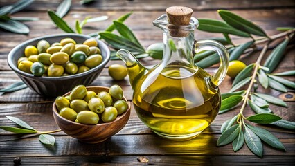 olive oil with fresh olives and leaves