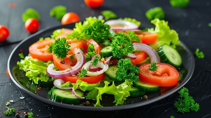 Wall Mural - Fresh green salad with cucumbers, tomatoes, onions, and parsley on a dark plate. Healthy food. Vibrant colors and appetizing presentation perfect for recipe blogs and culinary websites. AI