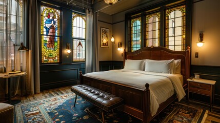 Wall Mural - vintage-inspired boutique hotel room with energy-efficient stained glass windows that enhance the hi