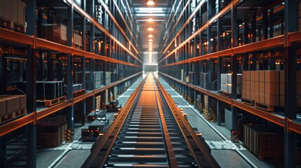Aufkleber - A long, automated conveyor system runs down the center of a large warehouse, flanked by shelves stocked with boxes.