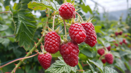 Wall Mural - Raspberries are the fruit of plants in the rose family. Most raspberries belong to the subgenus Idaeobatus.