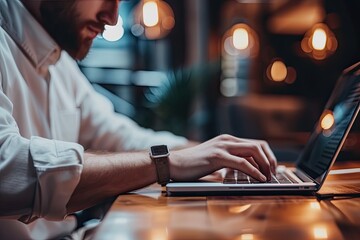 Leinwandbilder - a man sitting at a table with a laptop, Close-up of an entrepreneur working intensely on his laptop in a start-up environment