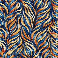 Wall Mural -  pattern filled with flowing, wavy lines in shades of orange, gold, and dark blue creates a dynamic and lively visual