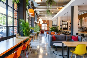 Aufkleber - a large open space with a lot of furniture, Craft a trendy coworking space with vibrant decor and collaborative areas