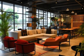 Aufkleber - a large open space with a lot of furniture, Craft a trendy coworking space with vibrant decor and collaborative areas