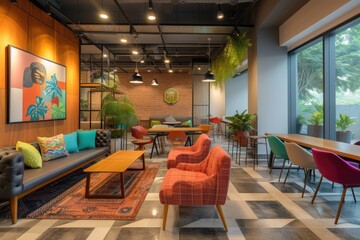 Aufkleber - a large open space with a lot of furniture, Craft a trendy coworking space with vibrant decor and collaborative areas