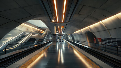 Poster - a tunnel with a long walkway and a light at the end, futuristic subway station with sleek architecture and lighting