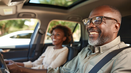 A portrait of a middle-aged couple driving in a car. Lifestyle portrait. The man is behind the wheel.