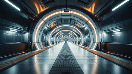 Poster - a tunnel with a long walkway and a light at the end, futuristic subway station with sleek architecture and lighting