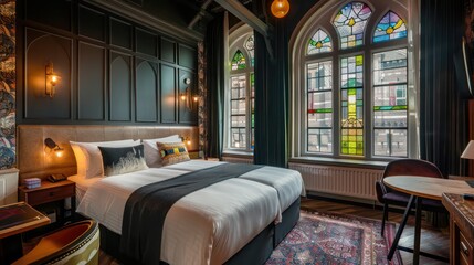 Wall Mural - vintage-inspired boutique hotel room with energy-efficient stained glass windows that enhance the hi