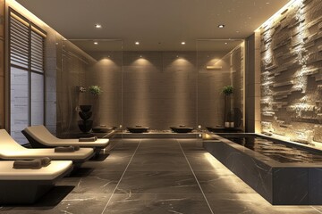 Aufkleber - a large room with a long tub and a long table, luxury spa with sleek design elements and calming ambiance