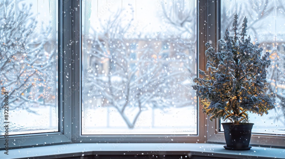 winter scene viewed through an energy-efficient bay window, where the ...