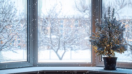 Wall Mural - winter scene viewed through an energy-efficient bay window, where the glass remains perfectly clear 