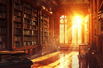 Fototapete - a long hallway with a light shining through the window, Illustration of a magical library filled with ancient books and artifacts