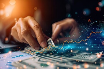 Leinwandbilder - a man in a suit is typing on a laptop with a dollar on it, meticulous accountant balancing financial statements