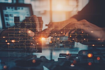 Leinwandbilder - a person typing on a laptop with a city in the background, Merge a puzzle piece with a flowchart, creating a double exposure that symbolizes systematic and collaborative business approaches
