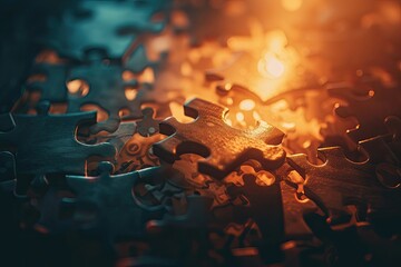 Leinwandbilder - a person typing on a laptop with a city in the background, Merge a puzzle piece with a flowchart, creating a double exposure that symbolizes systematic and collaborative business approaches