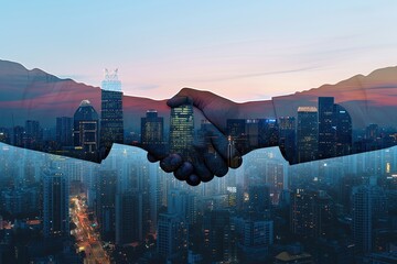 Poster - a plane flying over a city with a skyline in the background, Modern vector handshake symbolizing trust and collaboration
