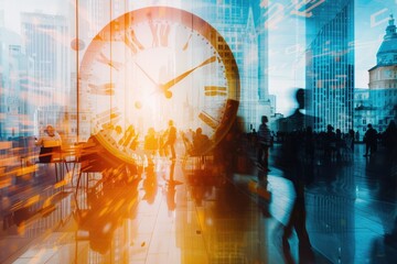 Poster - a group of people sitting around a table with a clock, Collaborative business meeting photo, showcasing teamwork and strategy