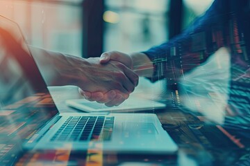 Poster - two people shaking hands over a laptop, Overlay a laptop with a handshake to craft a double exposure that represents technology-driven business partnerships and collaborations