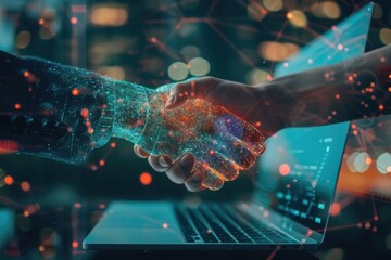 Poster - two people shaking hands over a laptop, Overlay a laptop with a handshake to craft a double exposure that represents technology-driven business partnerships and collaborations