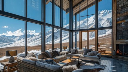 Wall Mural - high-altitude ski lodge with energy-efficient windows offering breathtaking views of snow-capped mou