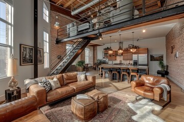 Aufkleber - Stylish loft apartment interior, Urban loft with exposed brick walls