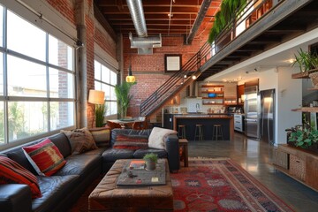 Aufkleber - Stylish loft apartment interior, Urban loft with exposed brick walls