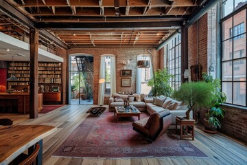 Aufkleber - Stylish loft apartment interior, Urban loft with exposed brick walls