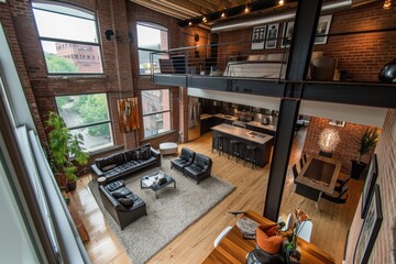 Aufkleber - Stylish loft apartment interior, Urban loft with exposed brick walls