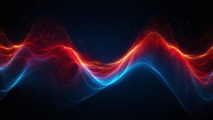 Fototapete - A mesmerizing 3D render of a vibrant energy flow, depicted as a swirling wave of red and blue particles against a dark background. This abstract representation evokes a sense of dynamic movement