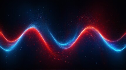 Fototapete - A mesmerizing 3D render of a vibrant energy flow, depicted as a swirling wave of red and blue particles against a dark background. This abstract representation evokes a sense of dynamic movement