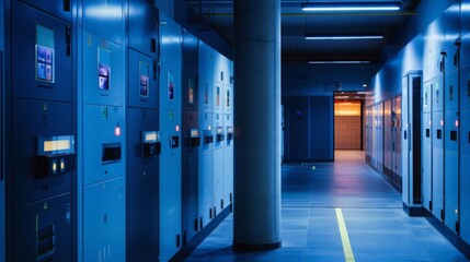 Poster - A long hallway in a blue electrical room with cabinets on either side. Fluorescent lights illuminate the space.