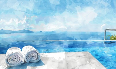 Wall Mural - Rolled Towels Beside a Blue Infinity Pool With