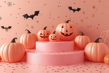 Wall Mural - A group of pumpkins are arranged on a pink pedestal, with a backdrop of bats