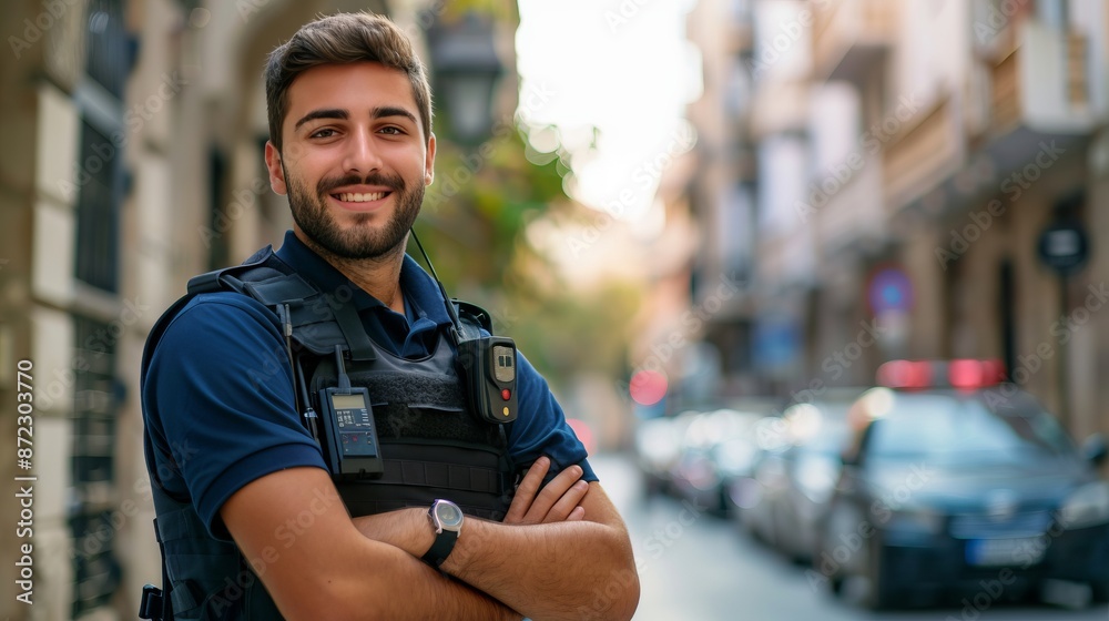 Smiling police officer standing confidently in a city street. He is ...
