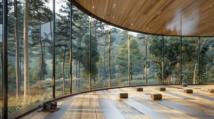 Wall Mural - luxury wellness center with curved energy-efficient windows that surround the yoga studio, providing