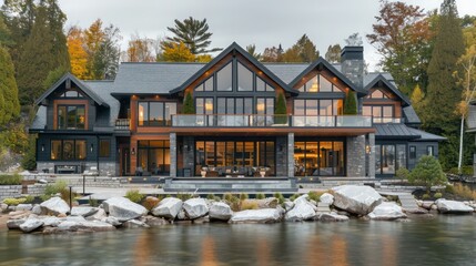 Wall Mural - luxury waterfront home with energy-efficient windows that maximize views of the lake while maintaini