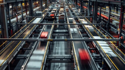 Aufkleber - A high angle view of a warehouse with several conveyor belts moving packages. The belts are lined up in rows and run the length of the warehouse.
