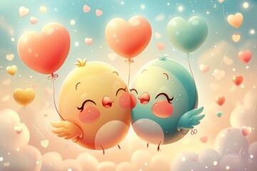 Sticker - Cute animals in love with heart shaped balloons symbolizing love and friendship in a whimsical artistic setting