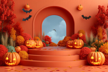 Wall Mural - A Halloween scene with pumpkins and bats