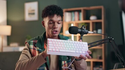 Poster - Camera, influencer and man with review, product and keyboard in living room with mic for advertising. Home, feedback and content creation for blogger for gaming equipment, online and promotion