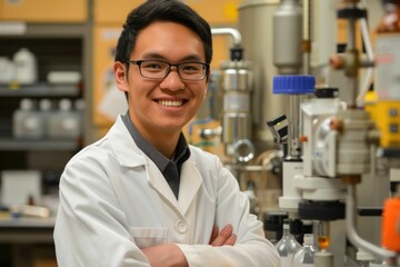 Poster - Professional scientist looking at camera while crossing arms at laboratory surrounded with chemical tube with blurring background. Skilled engineer standing with folded hand with confident. AIG42.